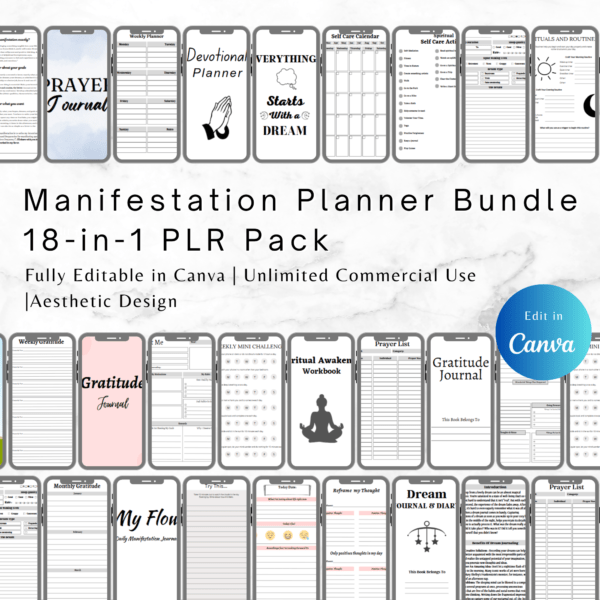Manifestation Planner Bundle, Canva Editable Templates, PLR Journals, Gratitude & Affirmation Journal, Digital Download